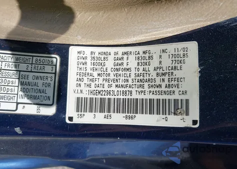 2003 Honda Civic Ex z USA, uszkodzony, nr VIN 1HGEM22963L018878